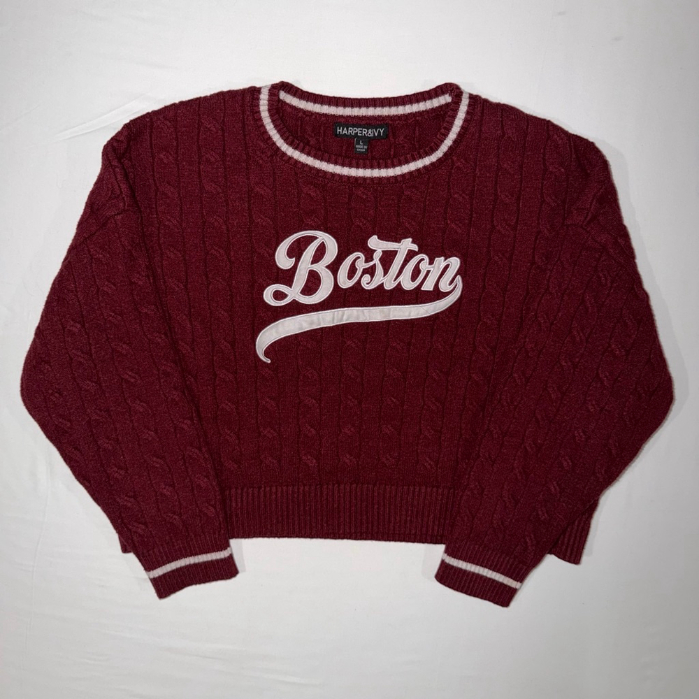 Harper & Ivy Boston Cable Knit Sweater Large Maroon Varsity Preppy Cropped Retro